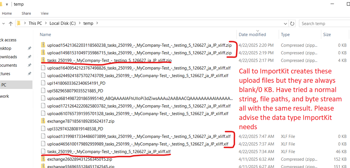 Screenshot of a Windows file explorer showing a 'temp' directory with multiple files, some highlighted, with names starting with 'upload' and 'tasks', and file types '.zip' and '.xliff'. A note on the image states an issue with the ImportKit function creating blank upload files.