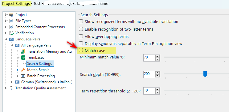 Screenshot of SDL Trados Studio Project Settings window, highlighting the 'Search Settings' under 'Translation Memory and Automated Translation' with an arrow pointing to 'Display synonyms separately in Term Recognition view' option.