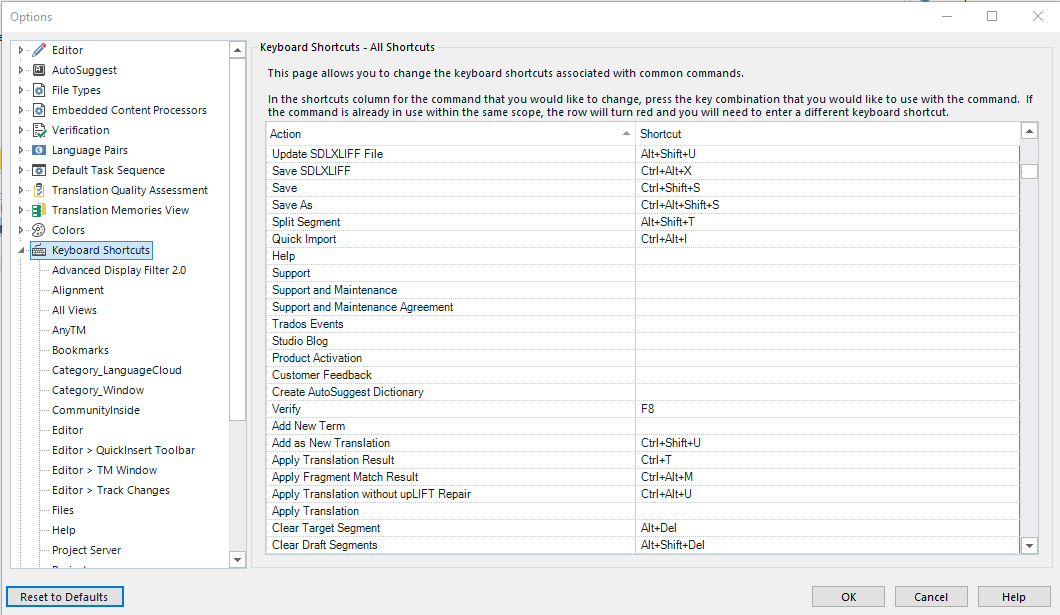 Trados Studio options window showing Keyboard Shortcuts - All Shortcuts list with various actions and their assigned shortcuts. The 'Save' action is assigned to Ctrl+Shift+S and 'Save As' to Ctrl+Alt+Shift+S. A 'Reset to Defaults' button is visible at the bottom.