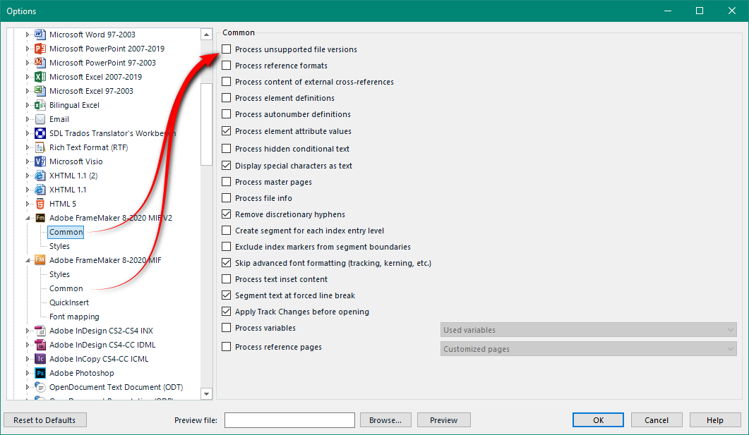 Trados Studio options menu with Adobe FrameMaker 8-2020 MIF v2 selected, showing various processing settings such as 'Process unsupported file versions' and 'Process reference pages'.