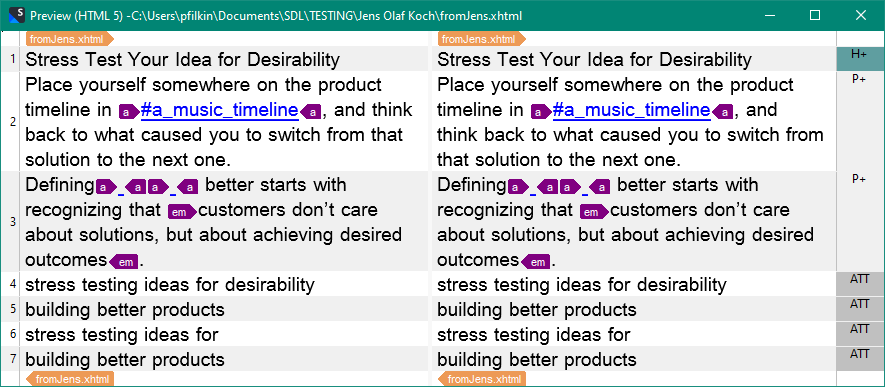 Screenshot of Trados Studio preview showing text with highlighted tags such as 'a' and 'em' indicating correct parser rule settings.