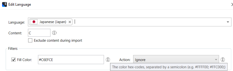 Screenshot of a software interface with 'Edit Language' settings for Japanese, showing a 'Fill Color' filter option set to ignore cells with the hex color #C6EFCE during import.