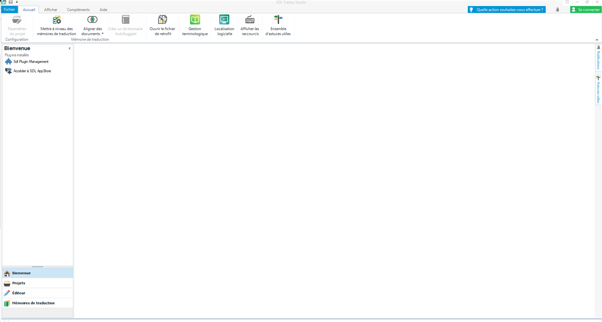 Screenshot of Trados Studio 2019 frozen at the Welcome page. The page is blank except for the side panel and upper option ribbon. No error messages are visible.