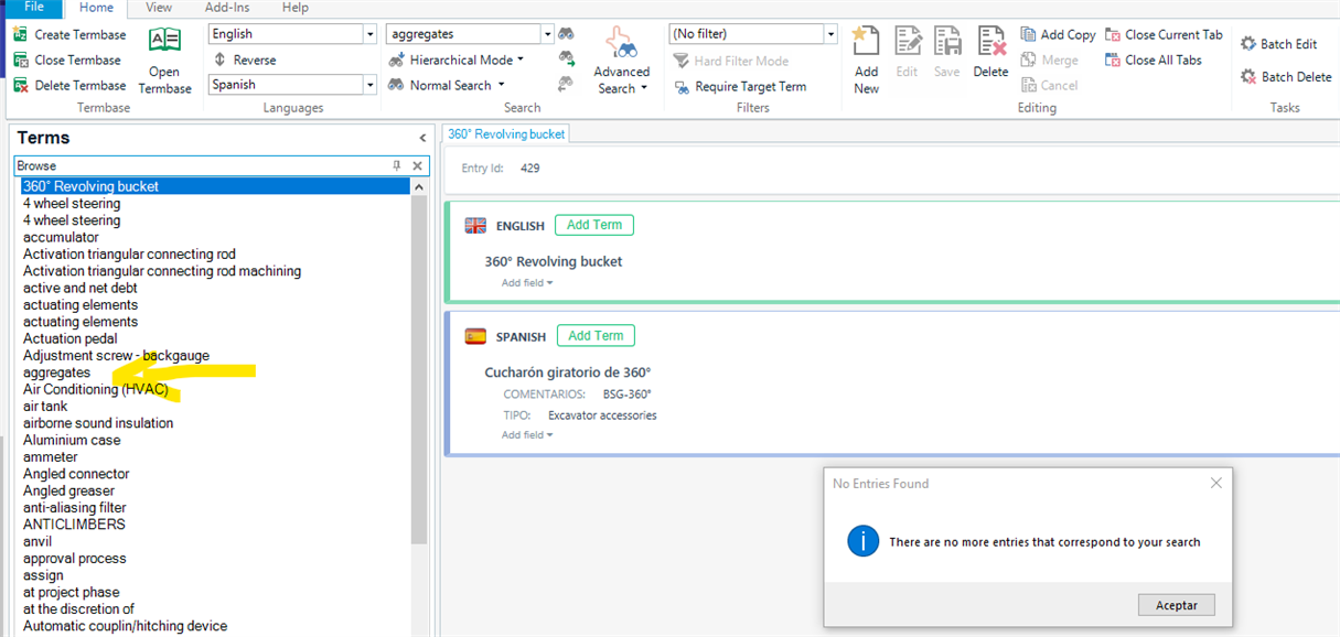 Trados Studio interface showing the 'Terms' section with a list of terms on the left and a message 'No Entries Found' with an information icon and 'There are no more entries that correspond to your search' text on the right.