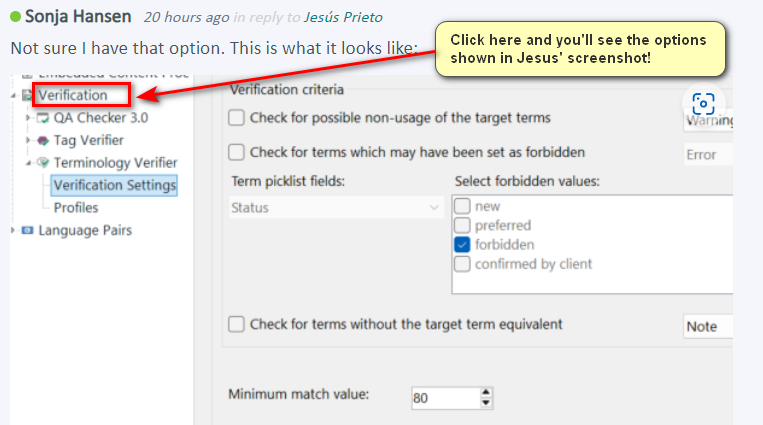 Screenshot of Trados Studio software with a comment from Sonja Hansen pointing to the 'Verification' menu item, with an arrow and text suggesting to click higher for options shown in Jesus' screenshot. A warning icon is visible.