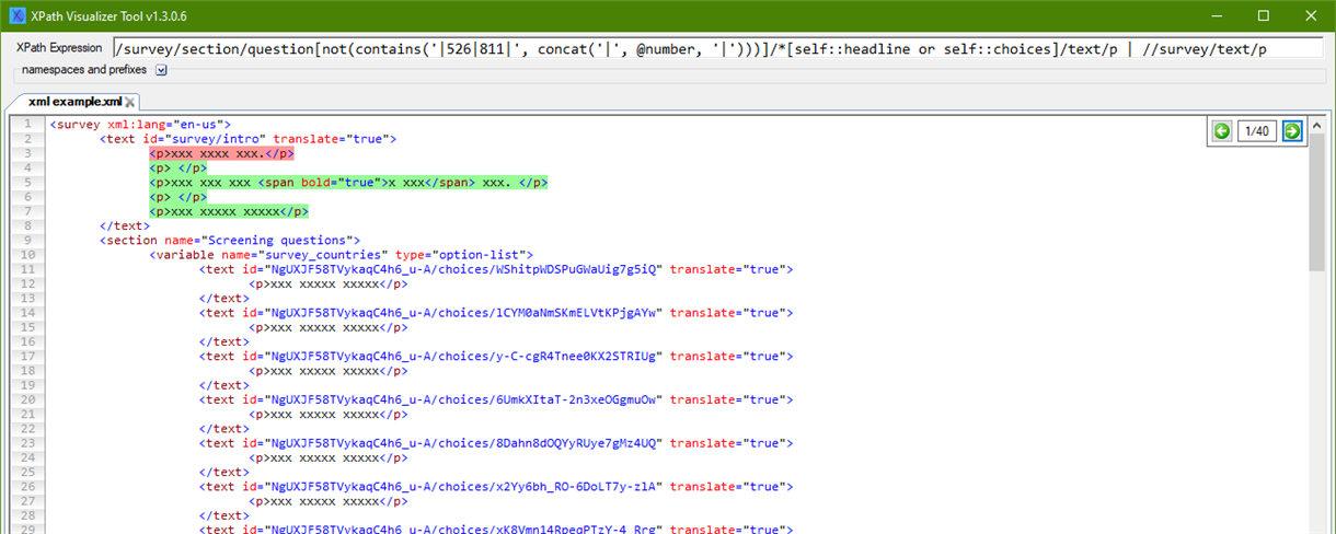 Screenshot of XPath Visualizer Tool v1.3.0.6 with an XPath expression input field and an XML example displayed, showing various text elements and attributes.