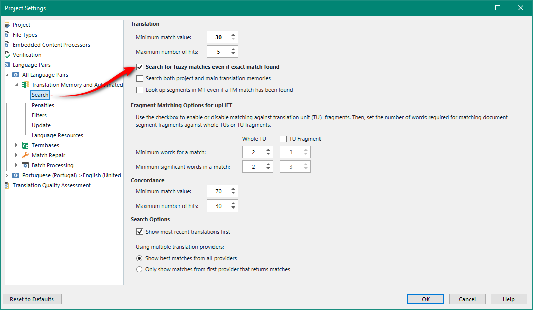 Trados Studio Project Settings window with Translation settings open, showing options for minimum match value, maximum number of hits, and fragment matching for upLIFT with checkboxes for search options.
