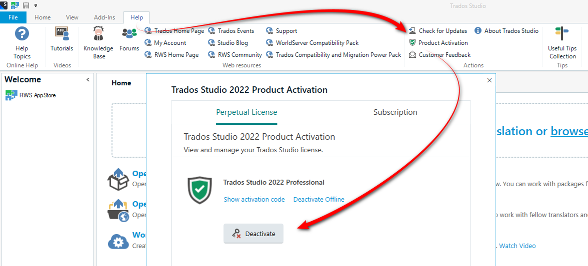 Trados Studio 2022 interface showing the Product Activation section with options for Perpetual License and Subscription. A red arrow points to the 'Deactivate Offline' button under Trados Studio 2022 Professional.