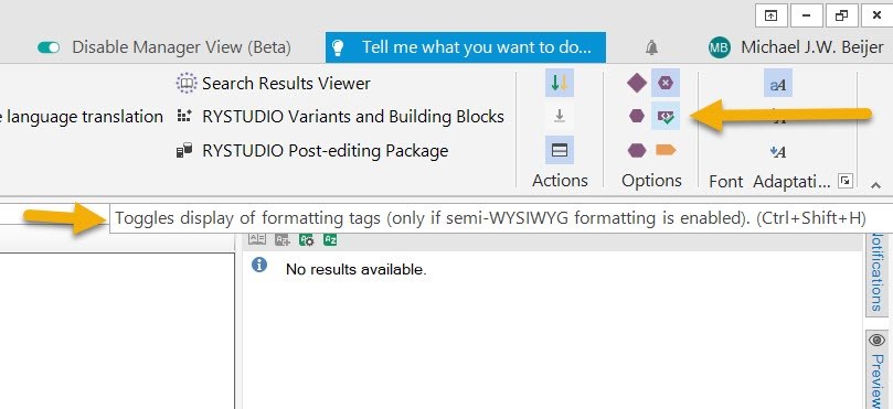 Screenshot of Trados Studio interface showing the 'Search Results Viewer' with an arrow pointing to a button that toggles the display of formatting tags, indicating it works only if semi-WYSIWYG formatting is enabled.