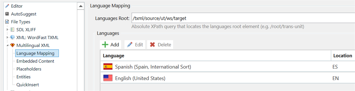 Trados Studio Language Mapping settings showing XPath query for languages root element and language pairs Spanish (Spain) to English (United States).