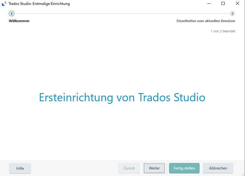 Initial setup screen of Trados Studio with 'Welcome' and 'First-time setup of Trados Studio' displayed in German.