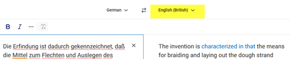 Screenshot of DeepL interface translating German text to English (British), showing the word 'characterized' with a 'z' spelling.