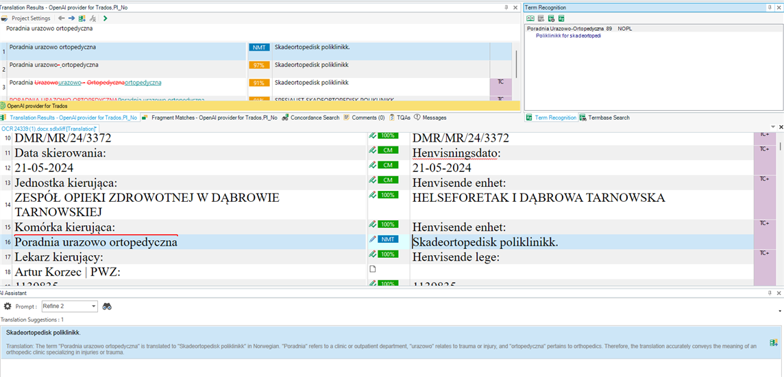 Screenshot of a translation software interface showing term recognition for 'poradnia urazowo ortopedyczna' with a 89% match in Norwegian, suggesting 'Skadeortopedisk poliklinikk' as a translation.