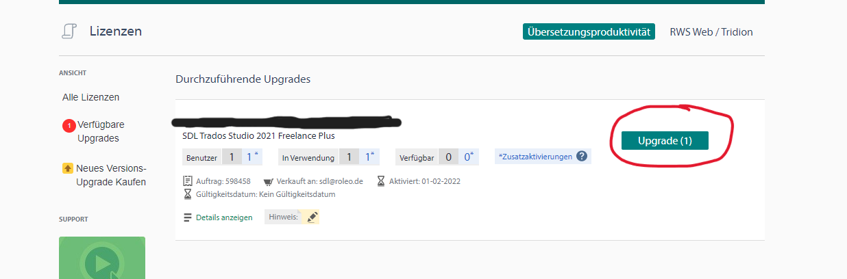 Screenshot showing Trados Studio account page with one available upgrade for SDL Trados Studio 2021 Freelance Plus, highlighted 'Upgrade (1)' button circled in red.