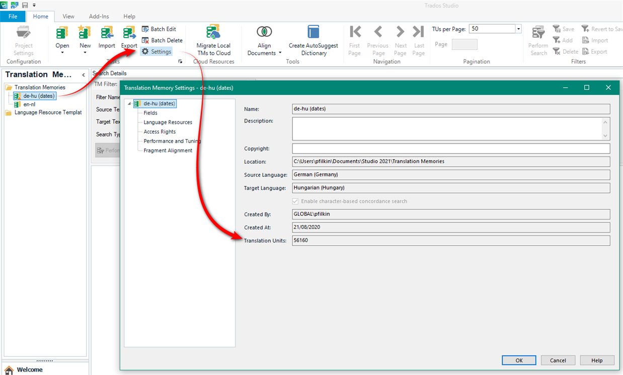 Trados Studio TM Maintenance View showing Translation Memory settings for 'de-hu (dates)' with 56160 Translation Units.