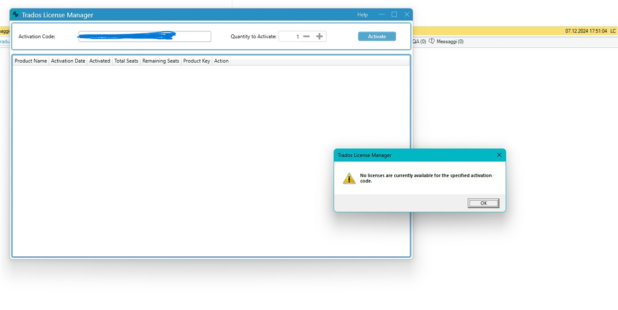 Trados License Manager window with an error message stating 'No licenses are currently available for the specified activation code.'