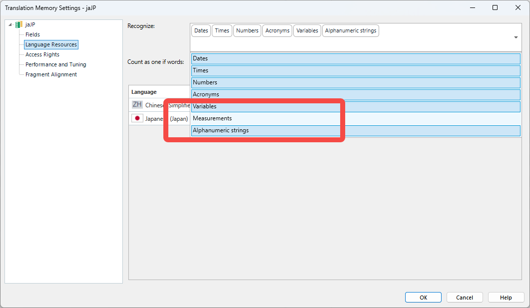 Translation Memory Settings window showing jaJP language resources. The Japanese Measurements option is highlighted with a red box.