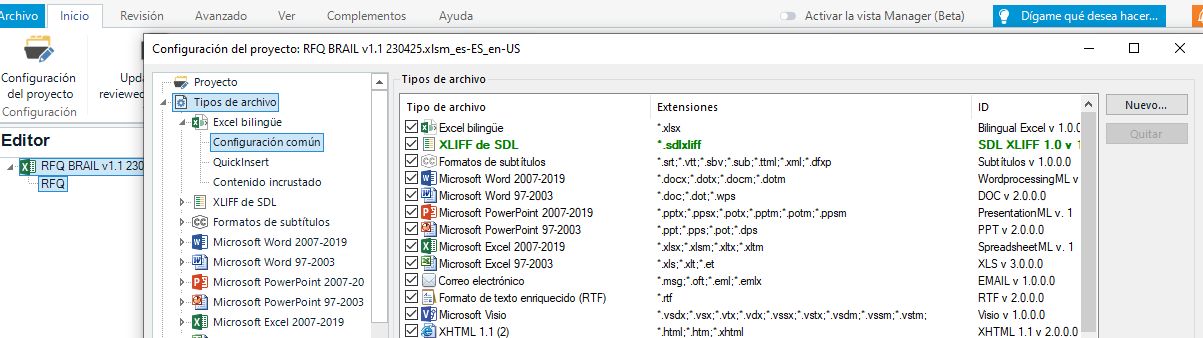 Trados Studio project settings window showing Bilingual Excel format moved up in the file types list.