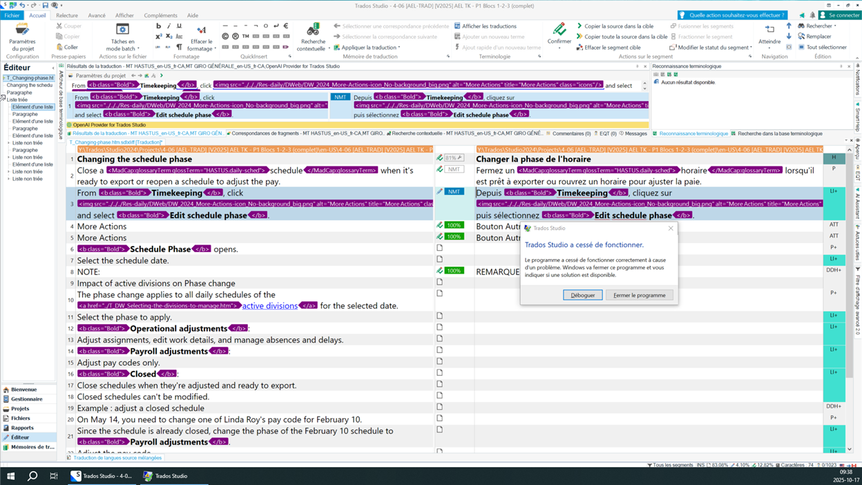 Screenshot of Trados Studio editor with a crash error message in French stating 'Trados Studio a cess de fonctionner' and options to debug or close the program.