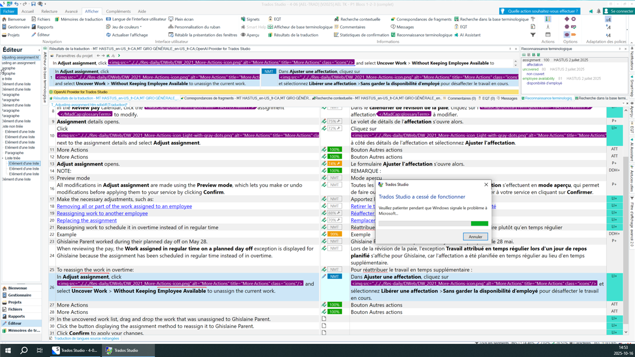 Screenshot of Trados Studio editor with a crash error message in French and a progress bar indicating 'Windows signale le probl me Microsoft.'