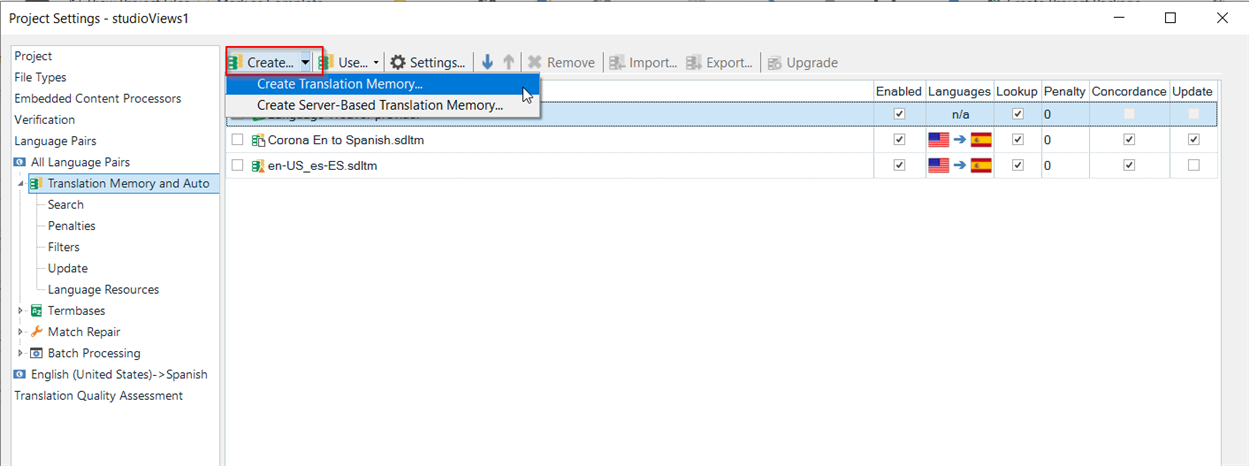 Trados Studio screenshot of Project Settings with 'Create Translation Memory' option highlighted in the dropdown menu under the 'Translation Memory and Automated Translation' section.