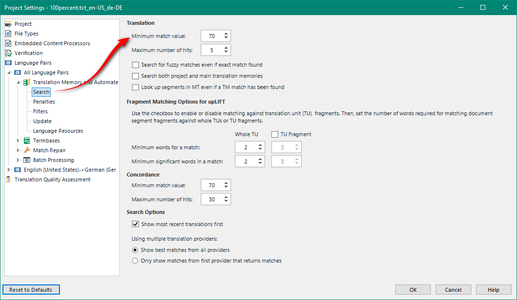 Trados Studio Project Settings with Translation Memory and Automated Translation settings, minimum match value set to 70, maximum number of hits set to 5.