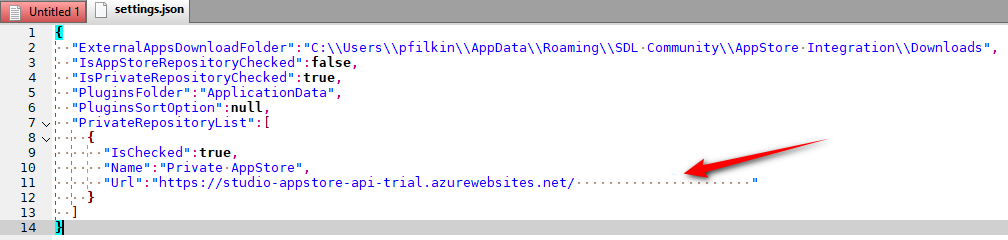Screenshot of settings.json file in a text editor with a red arrow pointing to extra spaces in the repository URL.