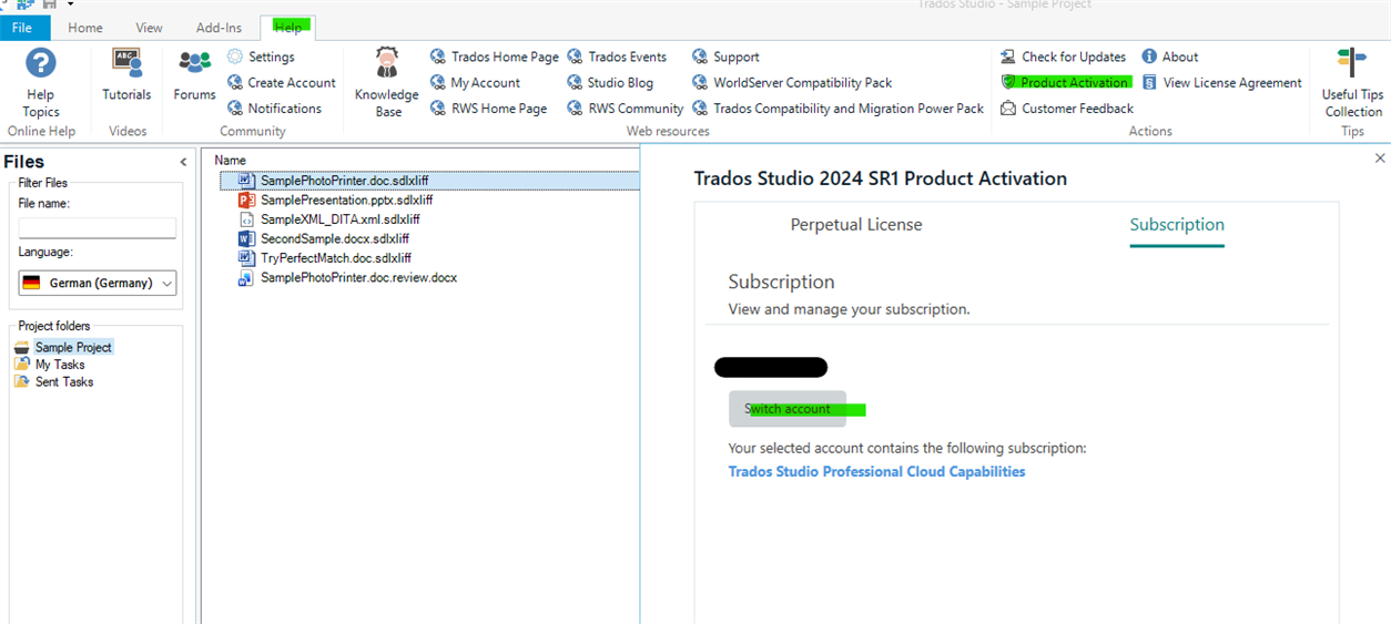Trados Studio 2024 SR1 interface showing the Files view with a list of sample project files and the Product Activation window displaying subscription details and a switch account button.