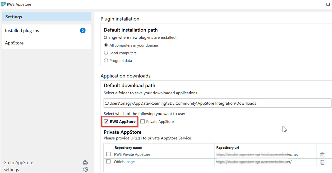 Trados Studio settings showing RWS AppStore selected with a checkmark, and Private AppStore option unchecked. Repository name and URL fields are visible but content is blurred out.