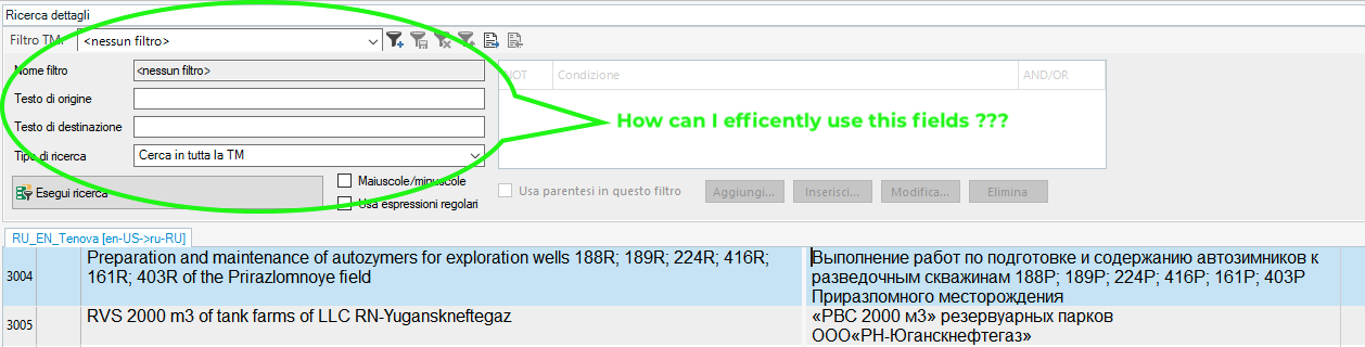Screenshot of Trados Studio showing the detailed search panel with fields for TM filter, filter name, source text, target text, and search type. A green arrow points to the fields with a question 'How can I efficiently use this fields ???'. Below is a segment of text in Russian with its English translation.