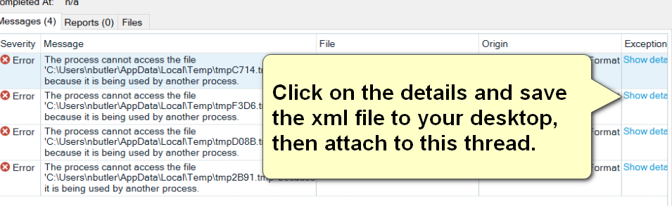 Error message in Trados Studio indicating 'The process cannot access the file' with file paths listed, and a callout box instructing to click on details, save the XML file, and attach it to the thread.