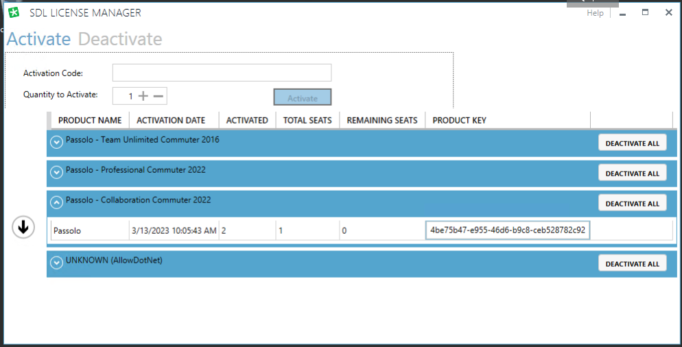 Trados Studio SDL License Manager activation screen showing various products with 'Activate' and 'Deactivate All' options.