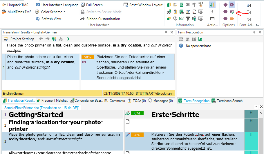Trados Studio interface showing English-German translation results with a segment selected and a 98% match from translation memory.