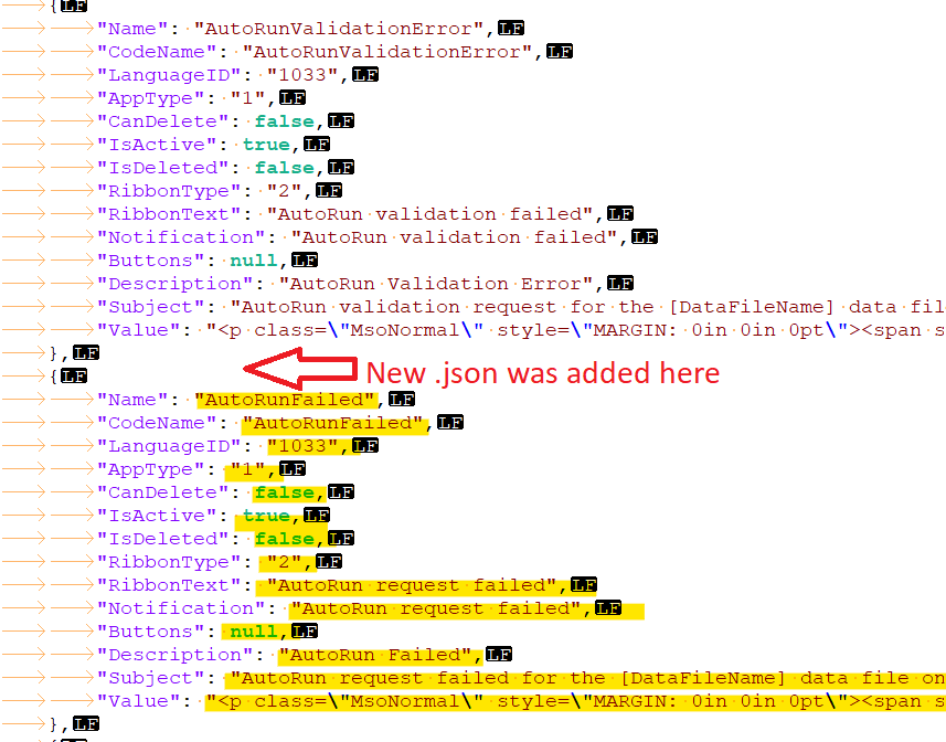 Screenshot of a JSON file showing an object with 'Name': 'AutoRunValidationError' above and a new object 'AutoRunFailed' inserted below, indicated by a red arrow and text 'New .json was added here'.