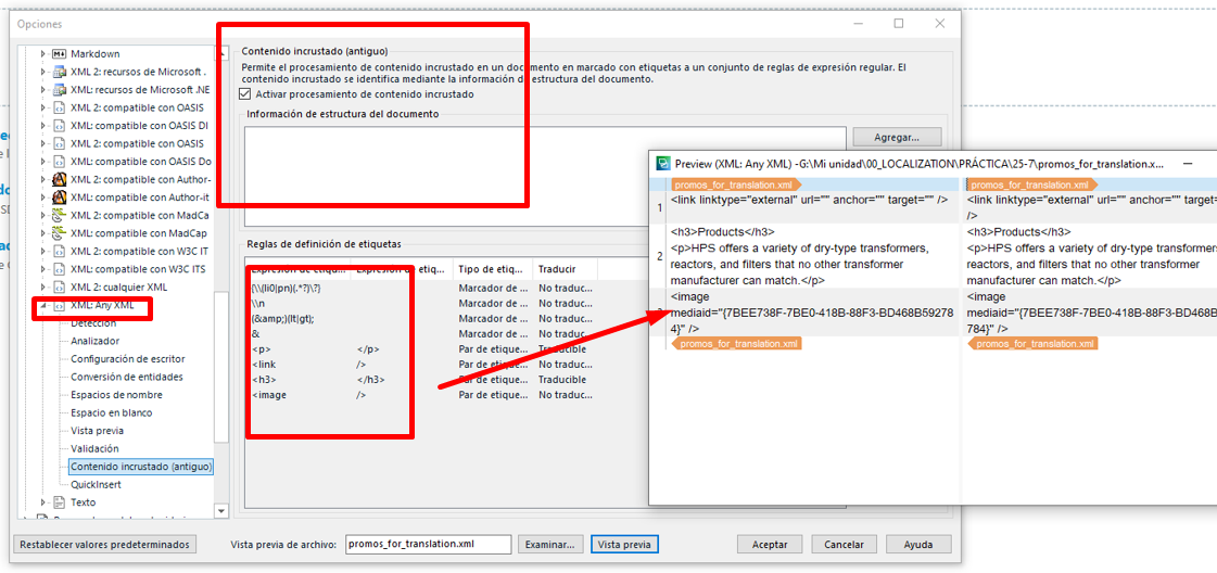 Screenshot of Trados Studio with XML: Any XML file type settings showing 'Contenido incrustado (antiguo)' unchecked and tag definition rules in Spanish.