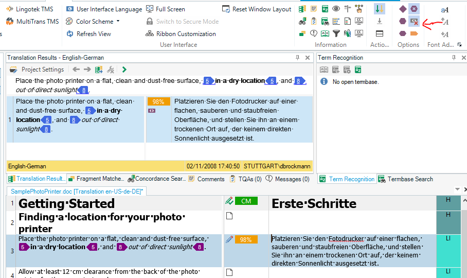 Trados Studio interface with tagged text in the translation results and numbers indicating tag positions in the source and target segments.