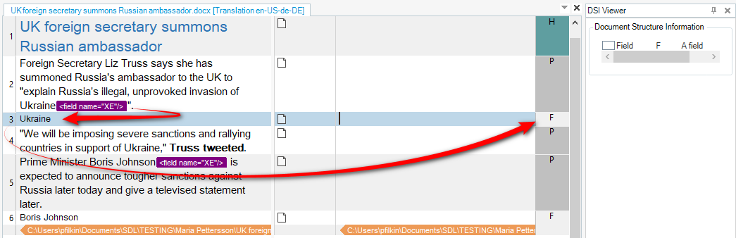 Screenshot of Trados Studio showing a document with segments of text. Segment #3 and #6 are marked with 'F' indicating a Field in the Document Structure Column.