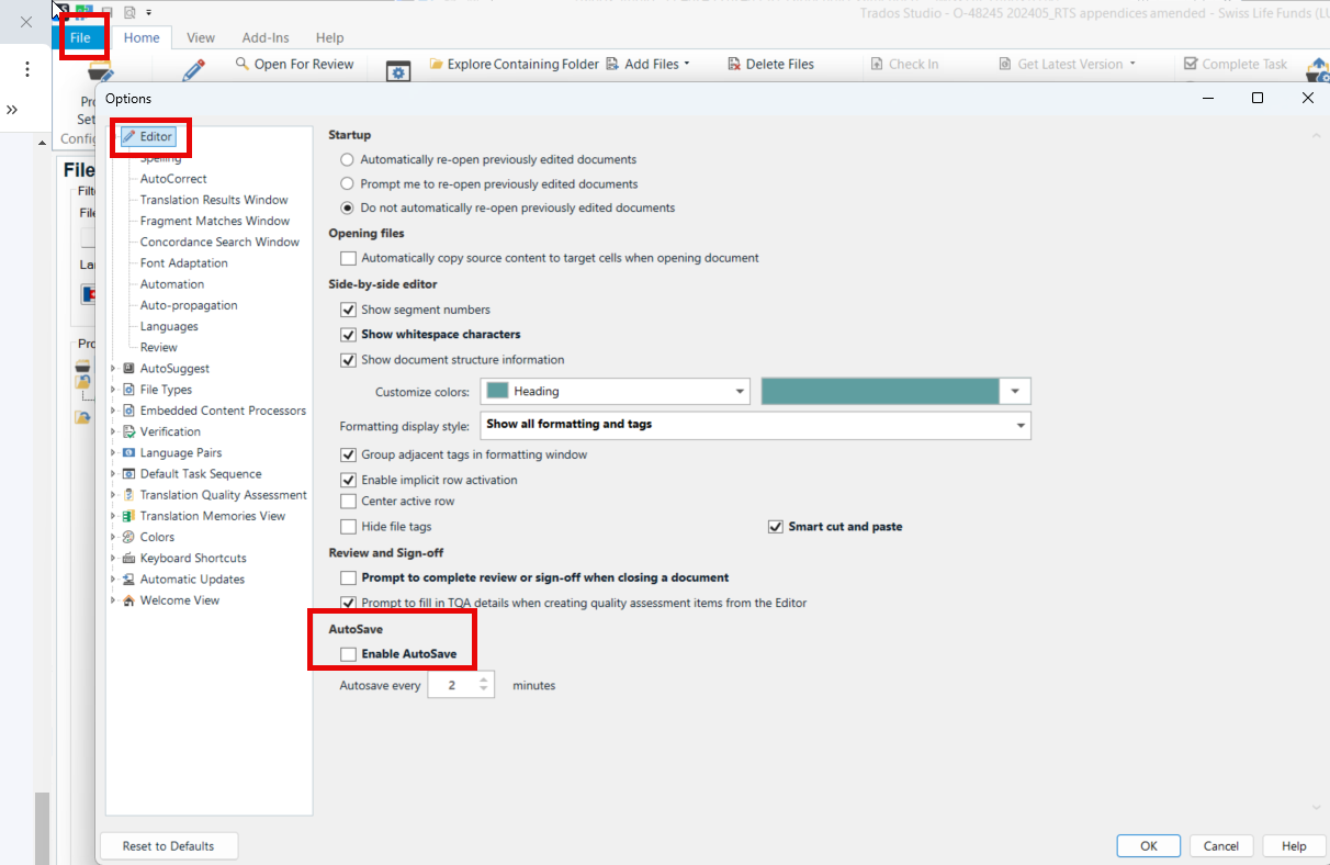 Trados Studio Options dialog with Editor settings open, showing the AutoSave section. The Enable AutoSave checkbox is highlighted, indicating the user should disable it.