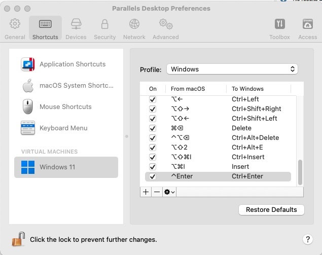 Parallels Desktop Preferences window showing Application Shortcuts for Windows 11 virtual machine. Control+Enter mapped to Ctrl+Enter under Profile: Windows.
