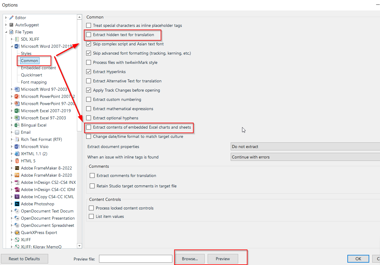 Trados Studio options menu showing File Types settings for Microsoft Word 2007-2019 with Common options expanded. Checkboxes for 'Extract hidden text for translation' and 'Extract contents of embedded Excel charts and sheets' are highlighted, indicating they should not be selected. Preview and OK buttons are visible at the bottom.