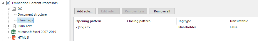 Screenshot of Trados Studio embedded content processors with a custom rule for plain text.