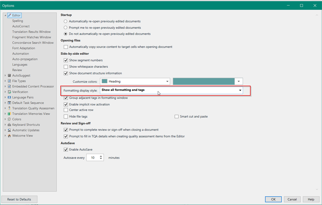 Trados Studio Options menu with 'Formatting display style' dropdown set to 'Show all formatting and tags'.