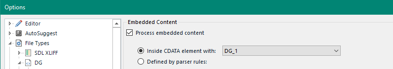 Screenshot of Trados Studio embedded content settings with 'DG_1' selected for processing CDATA content.