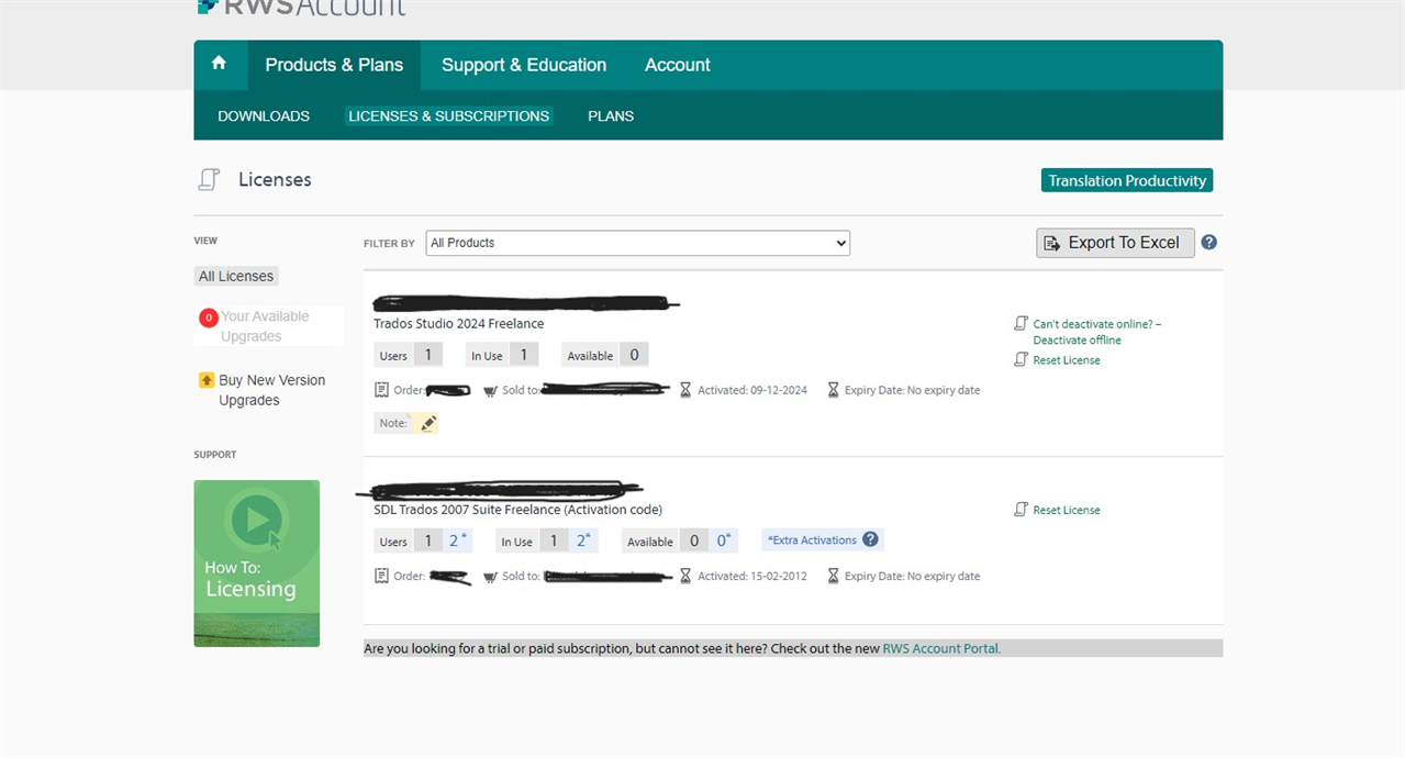 RWS account licenses page showing Trados Studio 2024 Freelance with 1 user in use and 0 available, and SDL Trados 2007 Suite Freelance with 1 user in use and 0 available.