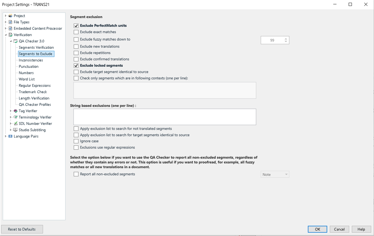 Trados Studio project settings menu with Segment exclusion settings showing 'Exclude PerfectMatch units' and 'Exclude confirmed translations' selected.