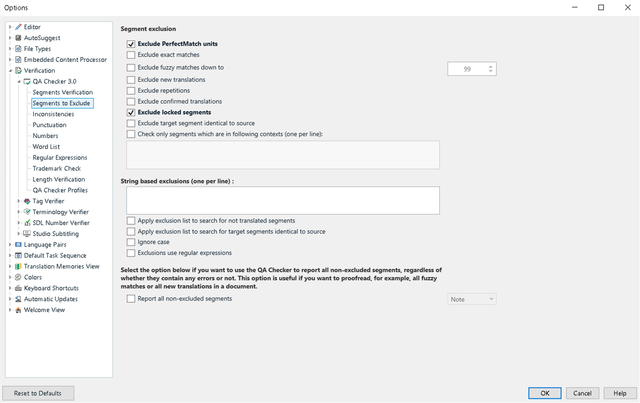 Trados Studio options menu showing Segment exclusion settings with 'Exclude PerfectMatch units' and 'Exclude confirmed translations' checked.