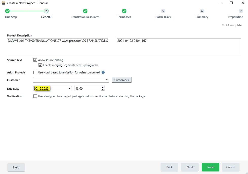Trados Studio 'Create a New Project - General' tab displaying project description path and an outdated due date of '19.12.2020' that needs manual updating.