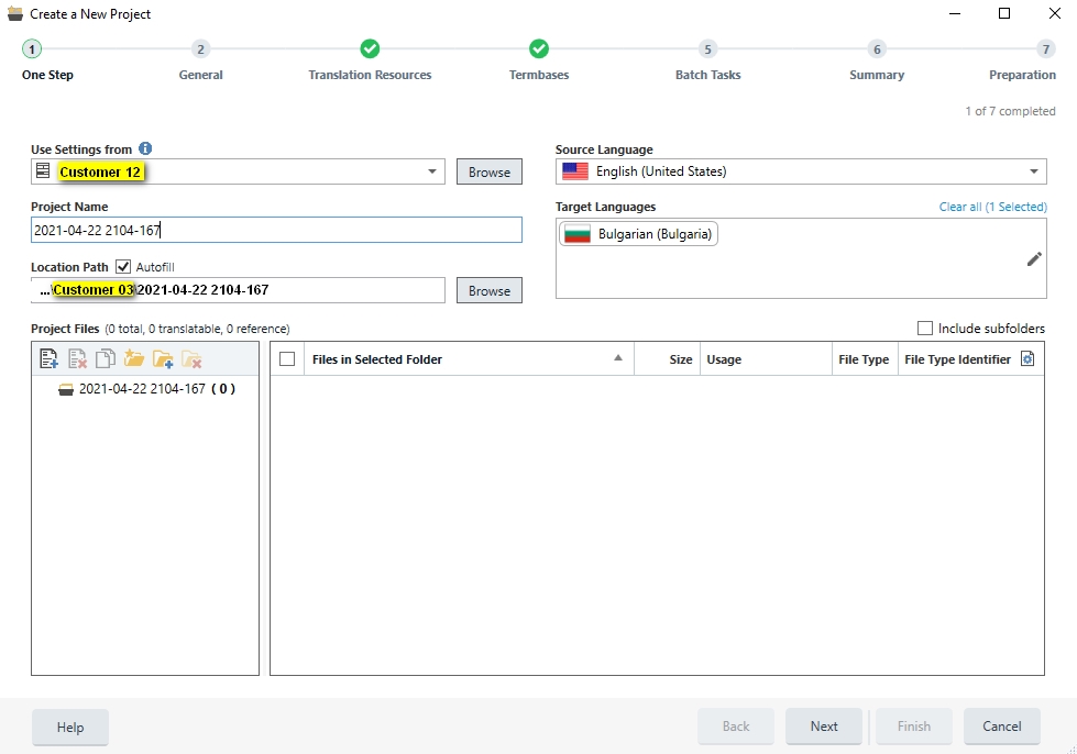 Trados Studio 'Create a New Project' window showing 'Use Settings from' dropdown with 'Customer 12' selected, and autofill location path from a different customer's project.