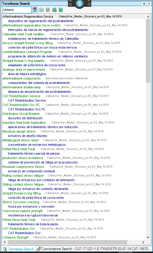 Screenshot of Trados Studio Termbase Search results with irrelevant terms like 'Aftertreatment Regeneration Device' listed before the searched term 'stream'.