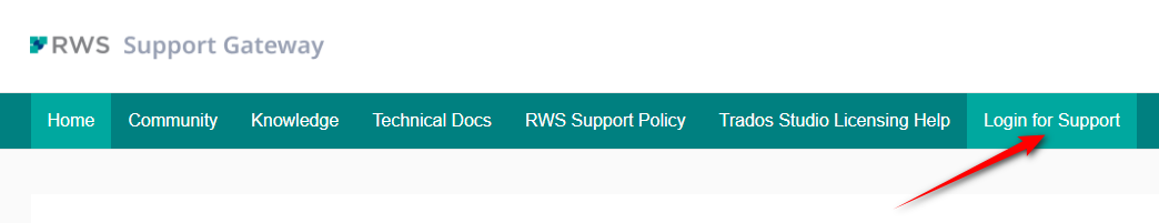 RWS Support Gateway webpage with navigation tabs for Home, Community, Knowledge, Technical Docs, RWS Support Policy, Trados Studio Licensing Help, and a highlighted Login for Support option.